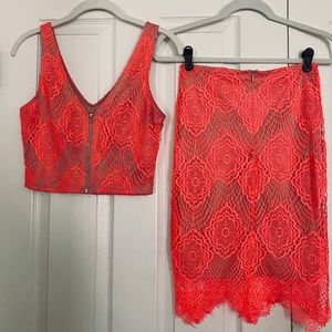 ANGL 2 pc Neon Coral Lace Crop Top / Pencil Skirt
